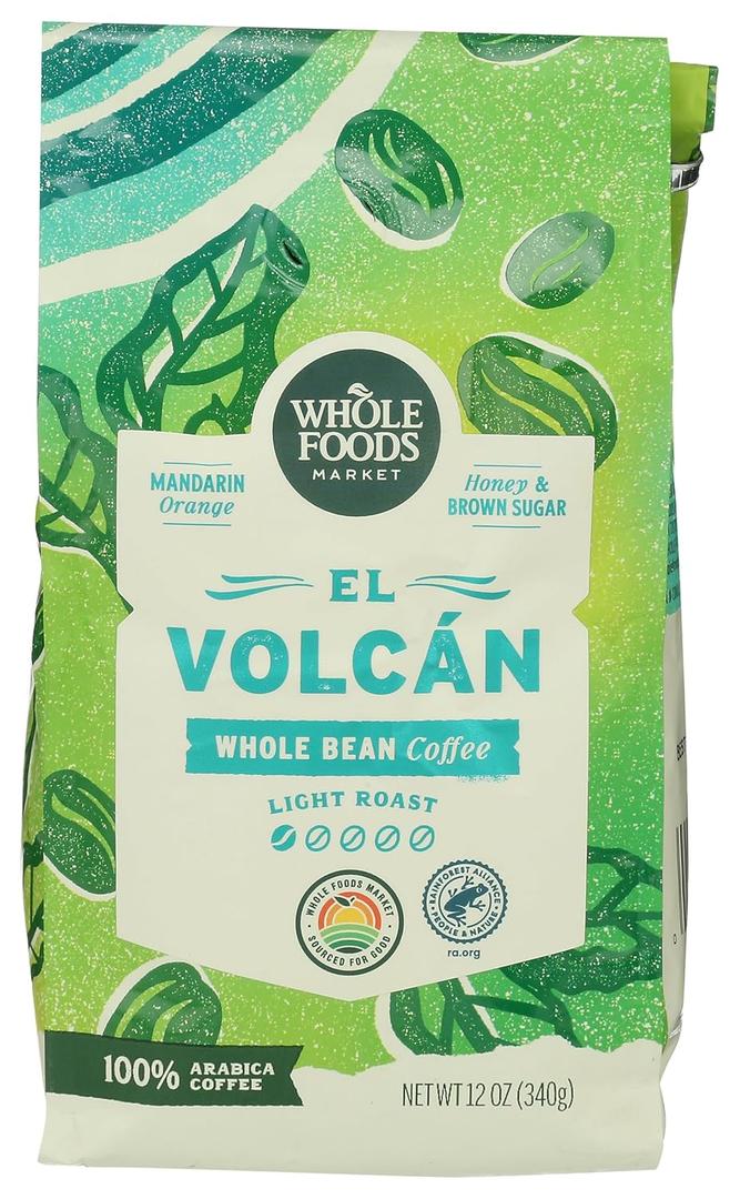 Whole Foods Market, El Volcan Light Roast Whole Bean Coffee, Mandarin Orange, Honey & Brown Sugar, 12 Ounce (EXP 05/02/26)