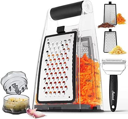 Joined Cheese Grater with Garlic Crusher- Box Grater Vegetable Shredder with 2 Stainless Steel Blades - Graters for Kitchen- Cheese Graters with Handle - Garlic Mincer Tool and Vegetable Peeler