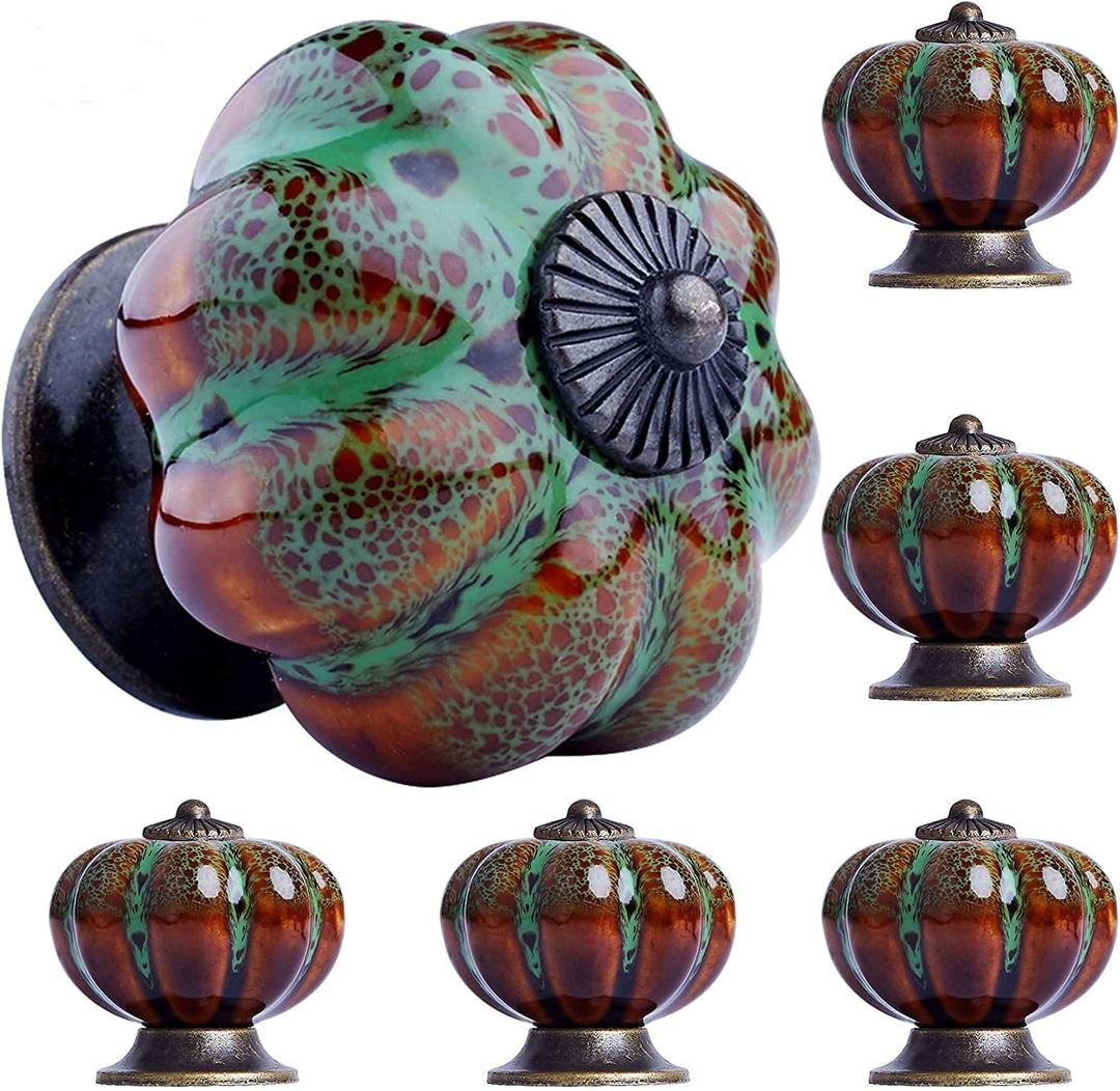 OLAYA Vintage Pumpkin Ceramic Cabinet Knobs and Handles - Retro and Elegant, 6 Pack (Pumpkin Green)