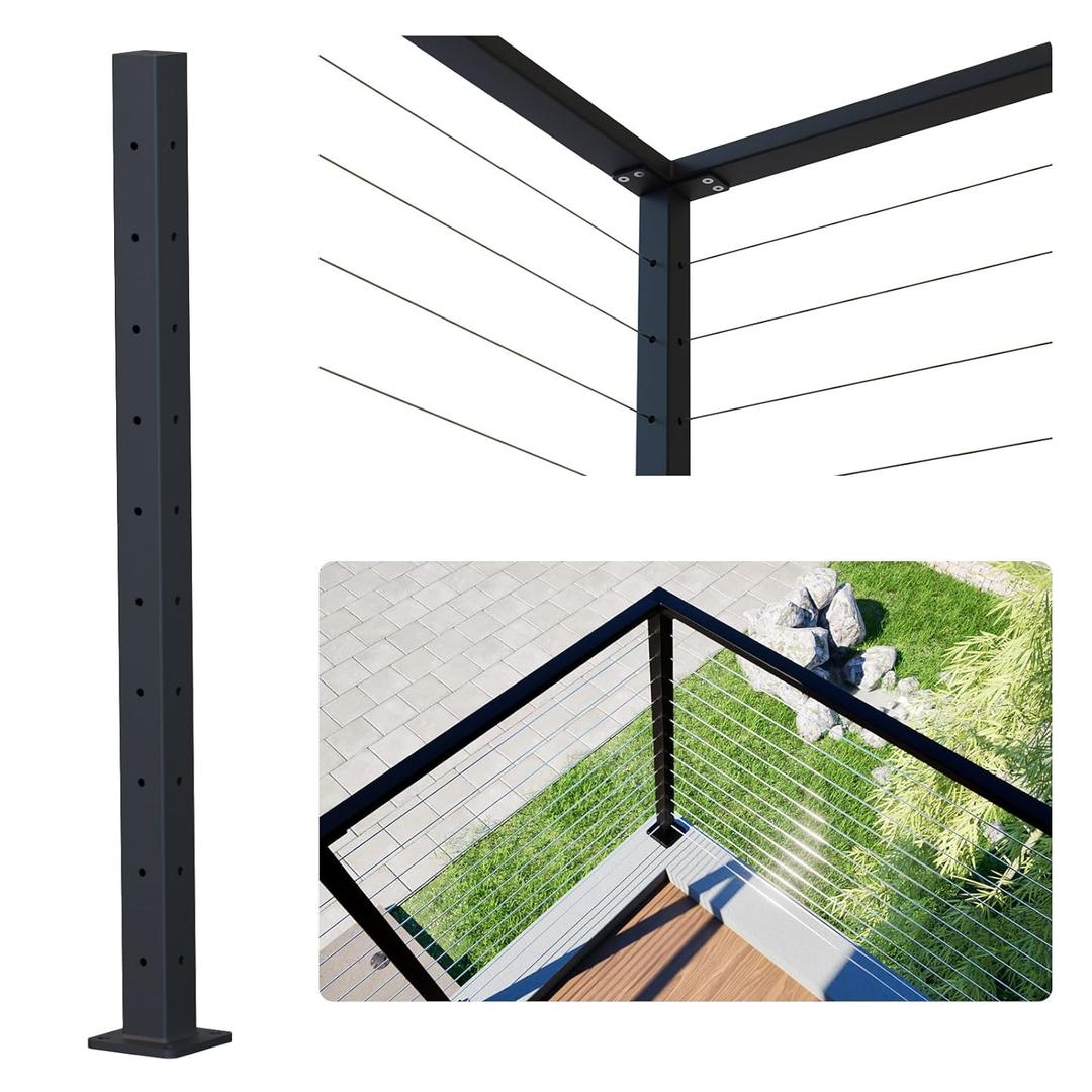 Dawn Railing Heavy-Duty Cable Railing Post, 36x2x2 High Strength Steel Square Corner Post with Level Drilled Holes, Weldless Black Powder-Coated Finish, for Wood/Concrete Deck Stair, 1 Pack