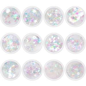 Aurora Iridescent Mixed Shape Glitter Set / 12 Jars, Magic Iridescent Nail Art Glitter Decoration, Ultra Sparkly Mermaid Nail Glitter, Home DIY/Nail Salon Manicure