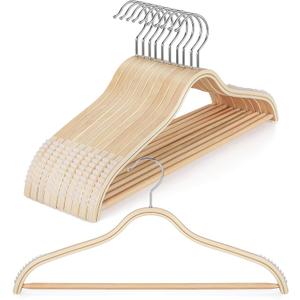 TOPIA HANGER Sleek Wooden Hangers with Non-Slip Rubber Grips, Sweater Hangers No Shoulder Bump, Lightweight Clothes Hangers 10-Pack, 360 Swivel Hook and Pants Bar-CT63N