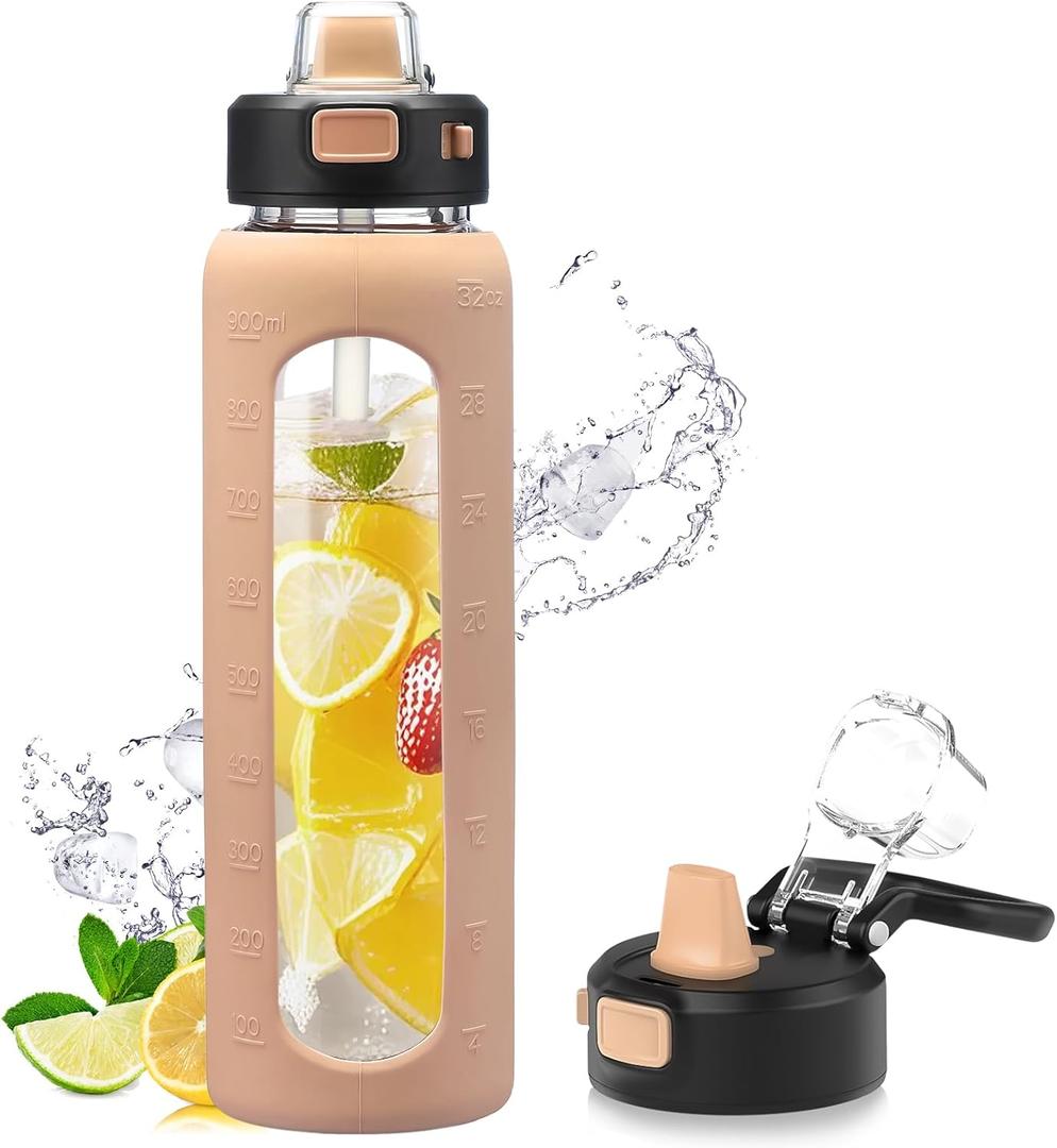 Kodrine 32 oz Glass Water Bottle with Straw and Carry Loop, One-Touch Leakproof Locking Lid, Reusable Drinking Bottle with Time Marker for Travel Home Gym Sports (Amber)