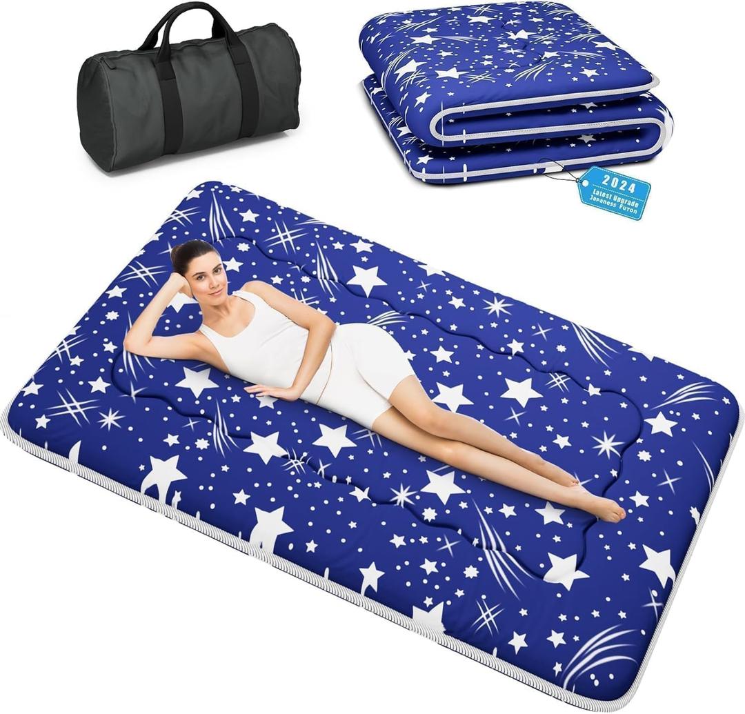 Kiseely Japanese Futon Mattress, Foldable Tatami Mat Portable Dormitory Sleeping Pad with Bag & Strap, Floor Thicken Sleeping Roll up Camping Mattress (Blue WS1, 60"X80")