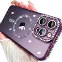 Cute for iPhone 14 Pro Max Magnetic Glitter Case,Luxury Bling Rhinestone Diamond Plated Bumper Case,Compatible with MagSafe, Sparkle Camera Lens Protection Clear Cover for Women Girls(Purple)