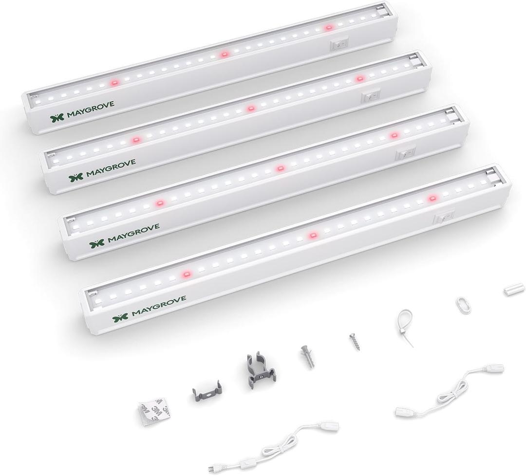 Maygrove T5 Grow Lights for Indoor Plants 1FT, Red-Enhanced Full Spectrum 5000K Grow Light, 28W(4 x 7W), Grow Light Strips for Seed Starting, Greenhouse, High PPFD, Linkable, White, 4-Pack