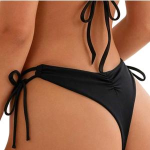 Women's Sexy Thong Bikini Bottom Cheeky Tie Side Ruched Back Scrunch Butt High Cut Brazilian Swimsuit Bottom Small