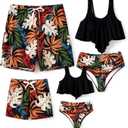 PATPAT Family Matching Swimsuits Two Piece Hawaiian Tropical Beach Bikini and Swim Trunks Set Mommy and Me Bathing Suits (Black Leaves)
