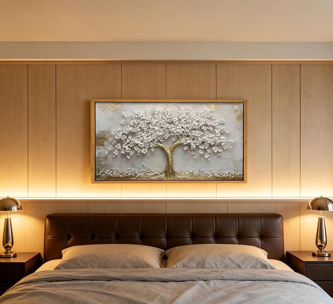 Framed 3D Texture Large Tree of Life Canvas Wall Art Gold and White Flower Big Tree Painting Picture Wall Decor Botanical Floral Poster Print Artwork for Living Room Dining Bedroom, 40"L x 20"W