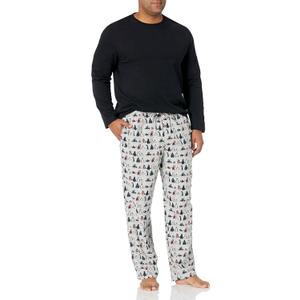 Amazon Essentials Men's Flannel Pant and Long-Sleeve T-Shirt Pajama Set (X-Large, Black/Penguin)
