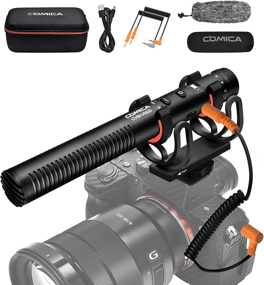COMICA VM20 Shotgun Microphone, Super-Cardioid Camera Microphone with Rycote Shockmount, Windscreen, Wind Muff, OLED Power Display, Video Mic for Smartphones, DSLR Cameras, Camcorders, Laptops
