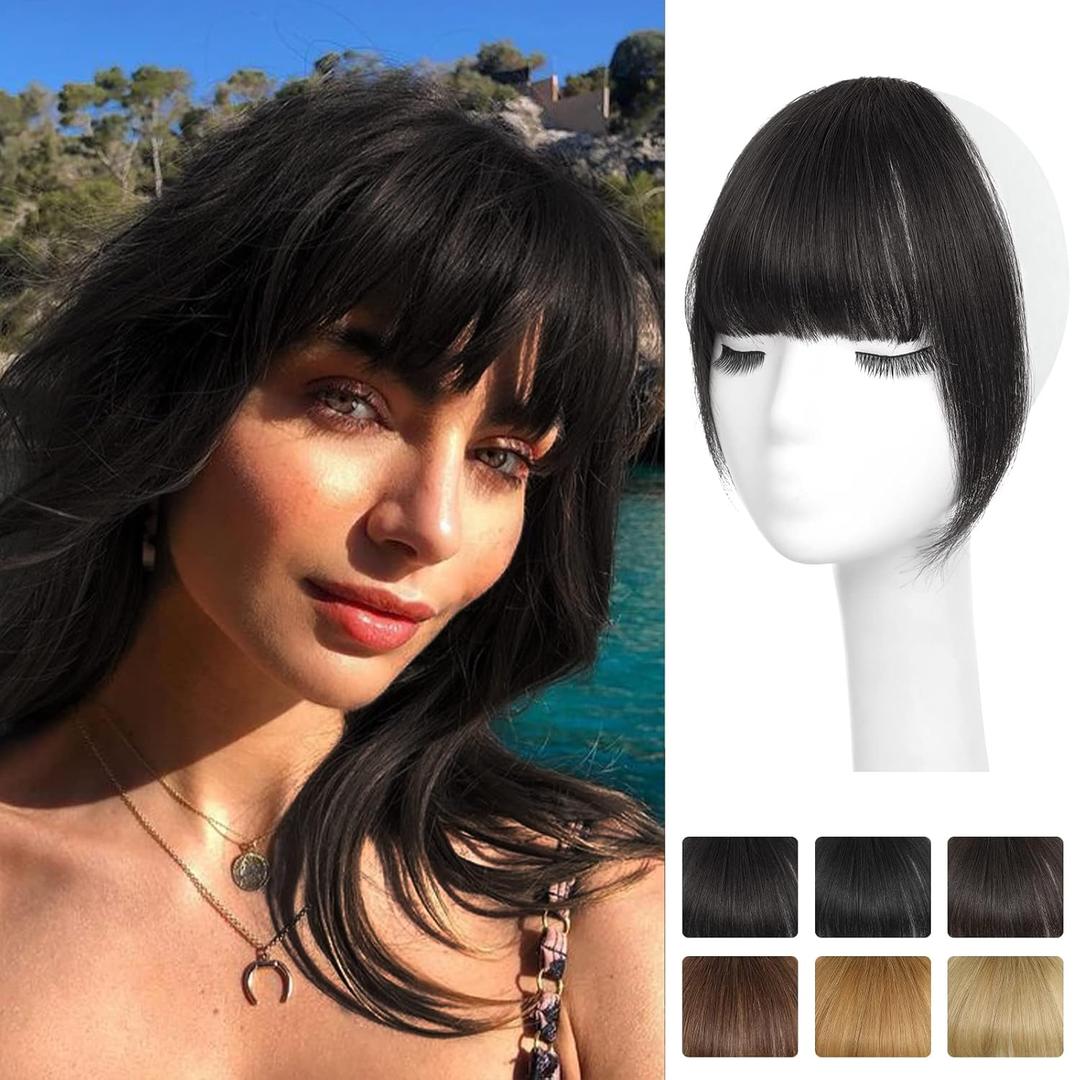 NAYOO Bangs Hair Clip - Brown Black Fake Bangs 100% Real Human Hair Extensions French Bangs for Women Fringe with Temples Hairpieces Curved Bangs for Daily Wear (Brown Black, French Bangs)