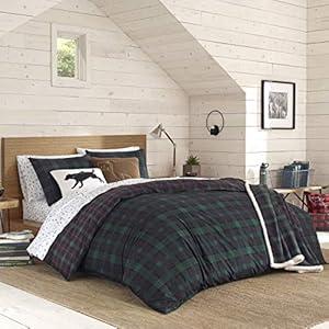 Eddie Bauer - Twin Duvet Cover Set, Reversible Flannel Bedding Set with Matching Sham, Medium-Weight, Dorm Essentials (Woodland Tartan Green)