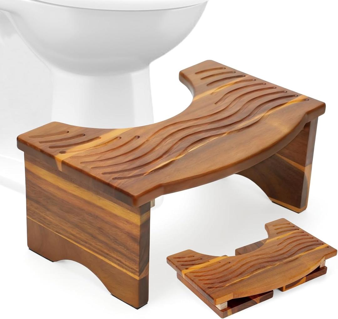 Foldable Toilet Stool, Acacia Wood Poop Stool for Potty Training,7 Inch Toilet Stool Squat for Adult,Poop Stool,No Assembly Required,Improve Bathroom Posture and Comfort (Acacia)