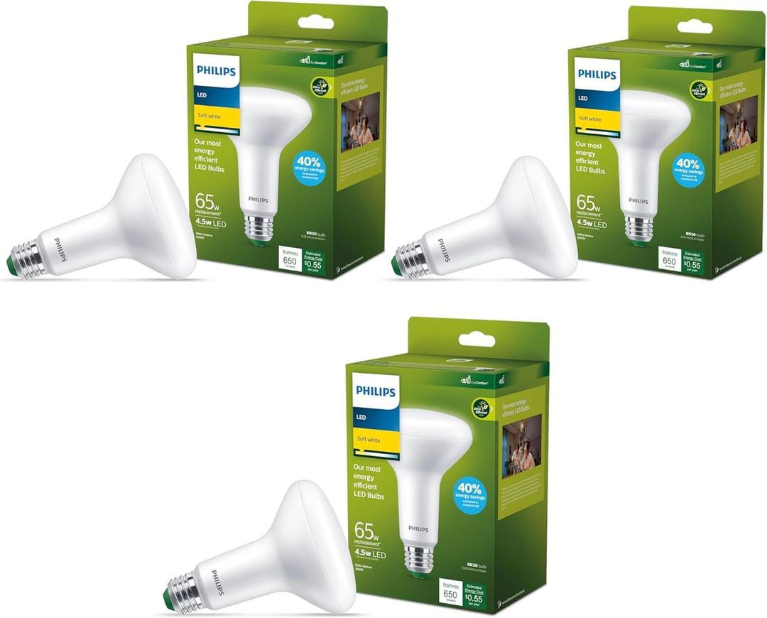 PHILIPS LED 65W BR30 3-Pack Ultra Efficient Soft White Light Bulbs (3000K) 650 Lumen (4.5W = 65W)