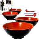 4 XL Ramen bowl set. 12 Pieces Pho Bowls. Asian Japanese soup. Utensil: Spoons and Chopsticks kit. Melamine, Large 52 oz. Noodles, Rice, Udon, Thai, Chinese, Korean, Udon, Wonton, Miso, 9 inch (Red Black)