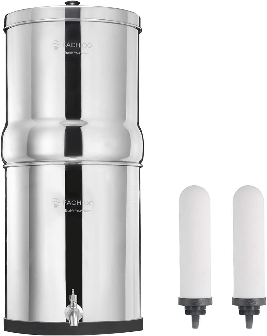 2.25 Gal Stainless Steel Gravity Water Filter System - Countertop Water Purifier with 2 Washable Ceramic Elements, Non-Slip Base & Spigot for Home, Camping, RV, and Emergency Preparedness