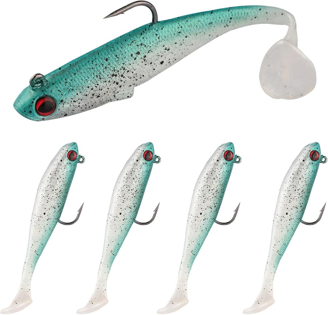 Freshwater and Saltwater Soft Plastic Fishing Lures,Catching Lures for Family Fishing- 3.5 inch Realistic Simulation Paddle Tail Design,Soft Plastic Baits (Green, 3.5"",0.45oz), 5pcs