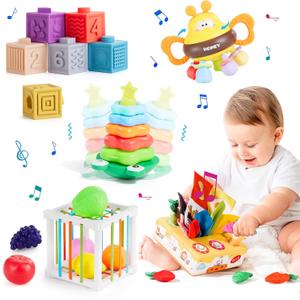 VoMii Montessori Baby Toys for Ages 6-18 Months -Stacking Blocks, Teething Toys, Sensory Shapes Storage Bin, Infant Bath Time Fun, 5 in 1 Educational Learning Set for 1 2 3 Year Old Boys Girls