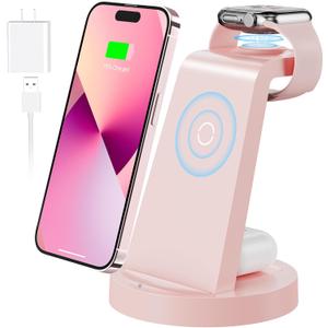 3 in 1 Charging Station for Apple Device, Wireless Charger for iPhone 16 15 14 13 12 11 Pro Max & Apple Watch iwatch- Charging Stand Dock for AirPods (Pink)