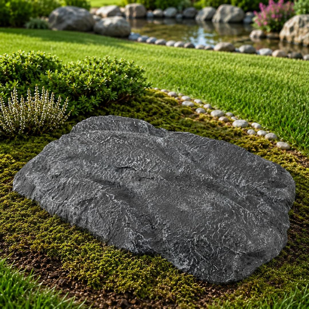 Low Profile Faux Rock Cover 30" W x 20" L x 3" H, Flat Fiberglass Landscape Rock for Well Caps, Septic Lids & Utility Concealment, Realistic Natural Texture, Charcoal Slate Gray