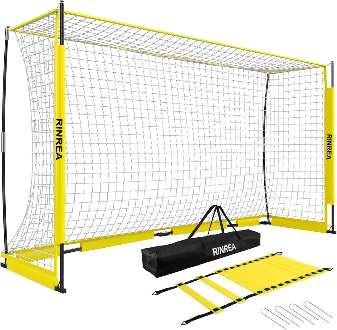 RINREA Portable Soccer Goal, Collapsible Soccer Goal Net Metal Base, Quick Setup Soccer Training Equipment with 1 Carry Bag, 1 Agility Ladder, 4 Ground Nails (Standard Yellow)