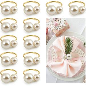 KESOTE Set of 12 Pearl Napkin Rings, Gold Napkin Ring Holders for Formal or Casual Dinning Table Decor