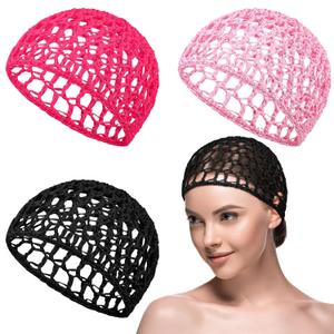 Suncalla 3 Pieces Hair Wrap Net for Sleeping Mesh Crochet Hair Net for Women Rayon Knit Snood Cap Cover Sleep Hat (Black, Pink, Rose Red)