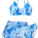 3 Piece Bikini Bathing Suits+Skirts Swim Sets for Girls Toddler Tie Dye Padded Swimsuit Ruched Rash Cover up Swimwear (8-9 Years, Blue)