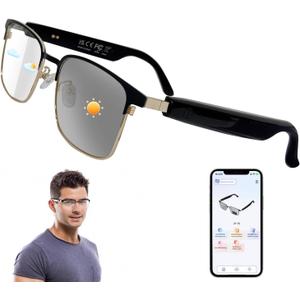 AI Smart Glasses with ChatGPT, Bluetooth Glasses for Men & Women, Photochromic Lenses, Real-Time Translation in 160+ Languages via APP, AI Glasses with Speakers for Indoor Outdoor (Gold)