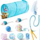 MALLMALL6 11Pc Cat Toy Set - Interactive Pack with Foldable Tunnel, Feather Teaser Wand, Springs, Mice, Crinkle Balls & Pet Bell Balls - Puzzle Toys for Indoor Cats - Gift (Blue)