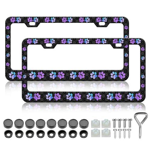 HCSS 2PCS Purple Dog Paw Print License Plate Frames Funny Footprint License Plate Holder Stainless Steel Auto Parts Rust-Proof Waterproof Car Decorative Tag Frames for Standard US 12x6 Inch