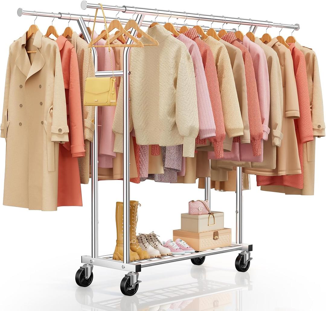 Heavy Duty Clothes Rack - Load 620 LBS, Rolling Clothing Rack for Hanging Clothes with Lockable Wheels & Shelves, Extendable Double Rod Garment Rack for Bedroom, Laundry, Living Room, Silver