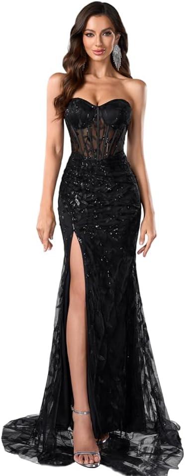 Women's Elegant Strapless Maxi Prom Dress Evening Gowns with Slit (Black, S)