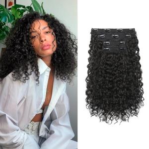 Flufymooz 4PC Clip in Hair Extensions, 14 Inch 100 Pure Protein Silk Short Hairpiece Deep Curly Wavy Hair Extensions Clip in Natural Soft Hairpiece for Women-Black Brown