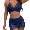 Blooming Jelly Womens High Wasited Bikini Sets Tummy Control Swimsuits Curvy Mesh Swim Skirt, (Navy Blue, Medium)