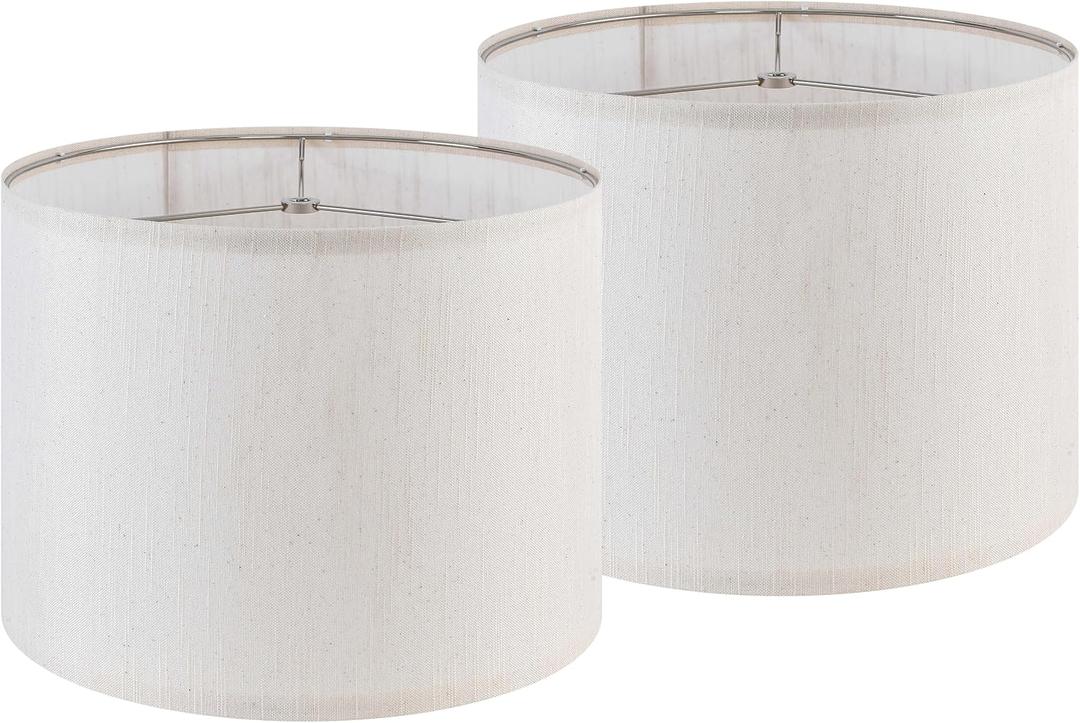Set of 2 Bamboo Patterned Linen Drum Lampshades, 13 "Top x 13" Bottom x 10 "High (Spider Shaped) Modern off White Desk Lamp Lampshade and Bedside Lamp Replacement Lampshade