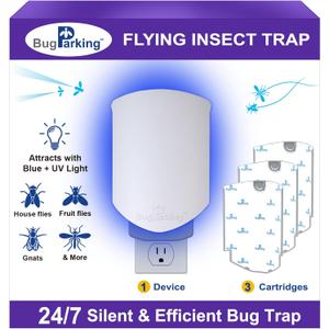Flying Insect Trap for Indoors: Light Trap Captures Fruit Flies, Gnats, and Houseflies, Silent Bug Catcher with UV Light for Indoor-Plants, Kitchen, BUG PARKING 1 Plug-in Device + 3 Cartridge Refills