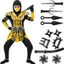 Spooktacular Creations Red Ninja Costume for Boys, Child Red Ninja Costume with Accessories for Kids Halloween Themed Parties (L (10-12 YRS), Golden)