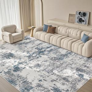 8X10 Washable Area Rug - Abstract Modern Neutral Large Rug Foldable Soft Thin Non Slip Low Pile Indoor Carpet Living Room Bedroom Farmhouse Dining Room Home Office Blue Grey
