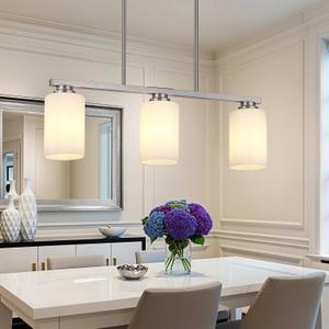 Mecgirn Island Light for Kitchen, Brushed Nickel Dining Room Light Fixture Over Table with Milk Glass Shade, 3-Light Linear Chandelier Pendant Lighting for Dining Table Kitchen Island Living Room