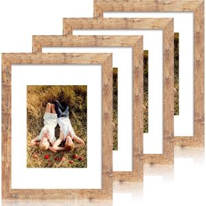 iRahmen 9x12 Picture Frame Set of 4 with Tempered Glass, Rustic Brown Frame Display 6x8 Pictures with Mat or 9 x 12 Without Mat, Wooden 9 x 12 Photo Frame for Wall Mount and Tabletop Display