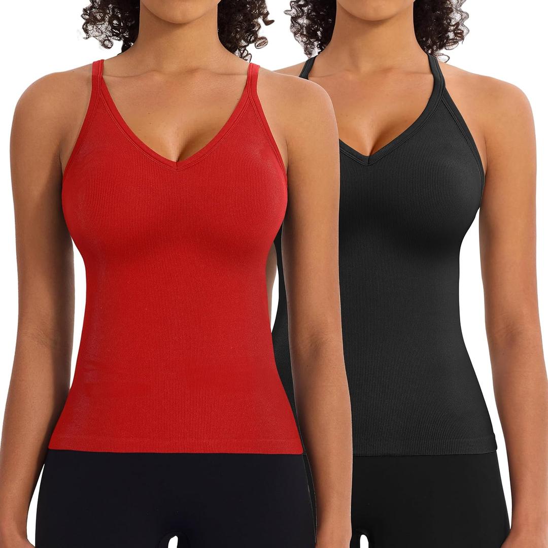 2 Pack Workout Tank Tops with Built in Bra for Women V Neck Seamless Ribbed T-Back Tank & Adjustable Strap Camisole (Medium)