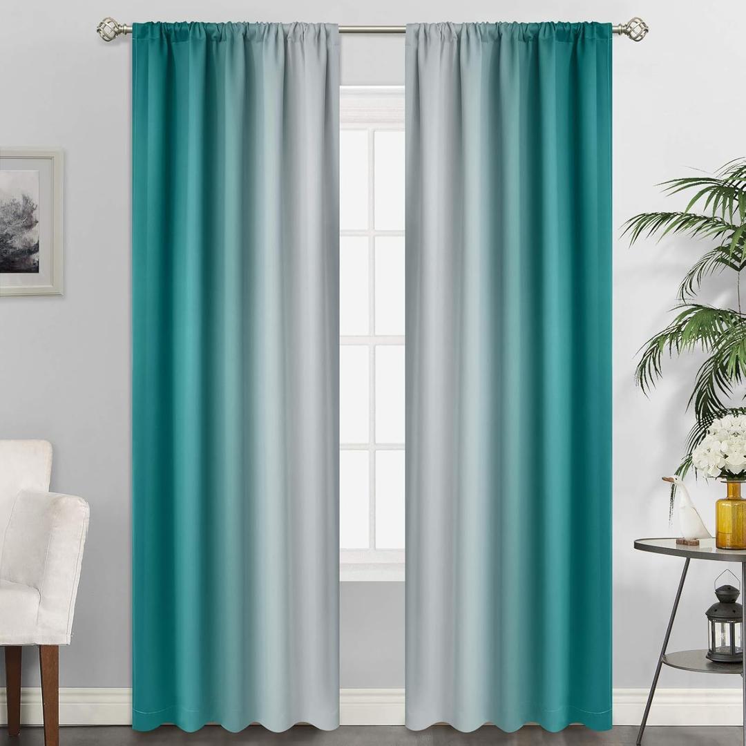 Ombre Room Darkening Curtains for Living Room, Rod Pocket Light Blocking Gradient Teal to Greyish White Thermal Insulated Window Curtains 52x85 + White Blackout Curtains 4 Packs