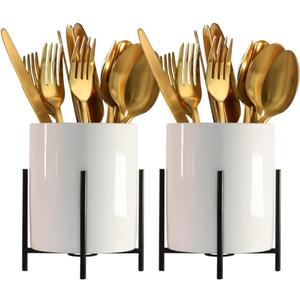 2pcs Cutlery Holder White Ceramic With Black Matte Bracket Robust Silverware Caddy For Store Forks, Knives, Spoons, Napkins, Medium