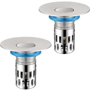 DODOBETTER Universal Bathroom Sink Stopper, Pop Up Sink Drain Strainer Plug with Removable Stainless Steel Filter Basket Hair Catcher,Brass Body,Bathroom Bathtub Drain Stopper(2 PCS),Brushed Silver