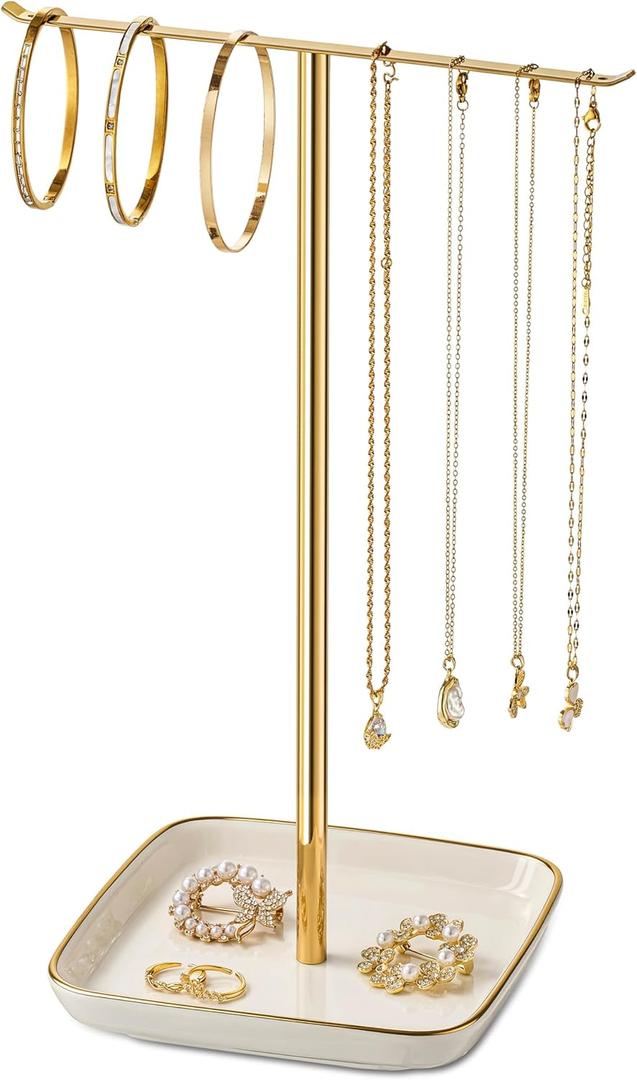 pickpiff Necklace Holder Stand with Ceramic Base: 12" Jewelry Tree Display Organizer for Necklaces, Bracelets, Rings, Earrings, Tall Gold Stand for Women, Aesthetic Room Dcor (5.8" base, White)