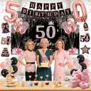 50th Birthday Decorations for Women, 50pcs Rose Gold Black 50th Birthday Decorations for Her with Banner Crown Sash Backdrop Cake Topper Balloons Hanging Swirl for 50 Years Old Birthday Party Supplies
