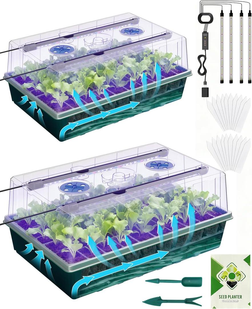 2PCS 120 Cell Self-Watering Seed Starter Tray Kit with Grow Light Humidity Dome,120-Cell Large Plant Seedling Tray, 3 Color Growing Light, Seed Starting Trays for Plant Germination2PCS, 120 Cell