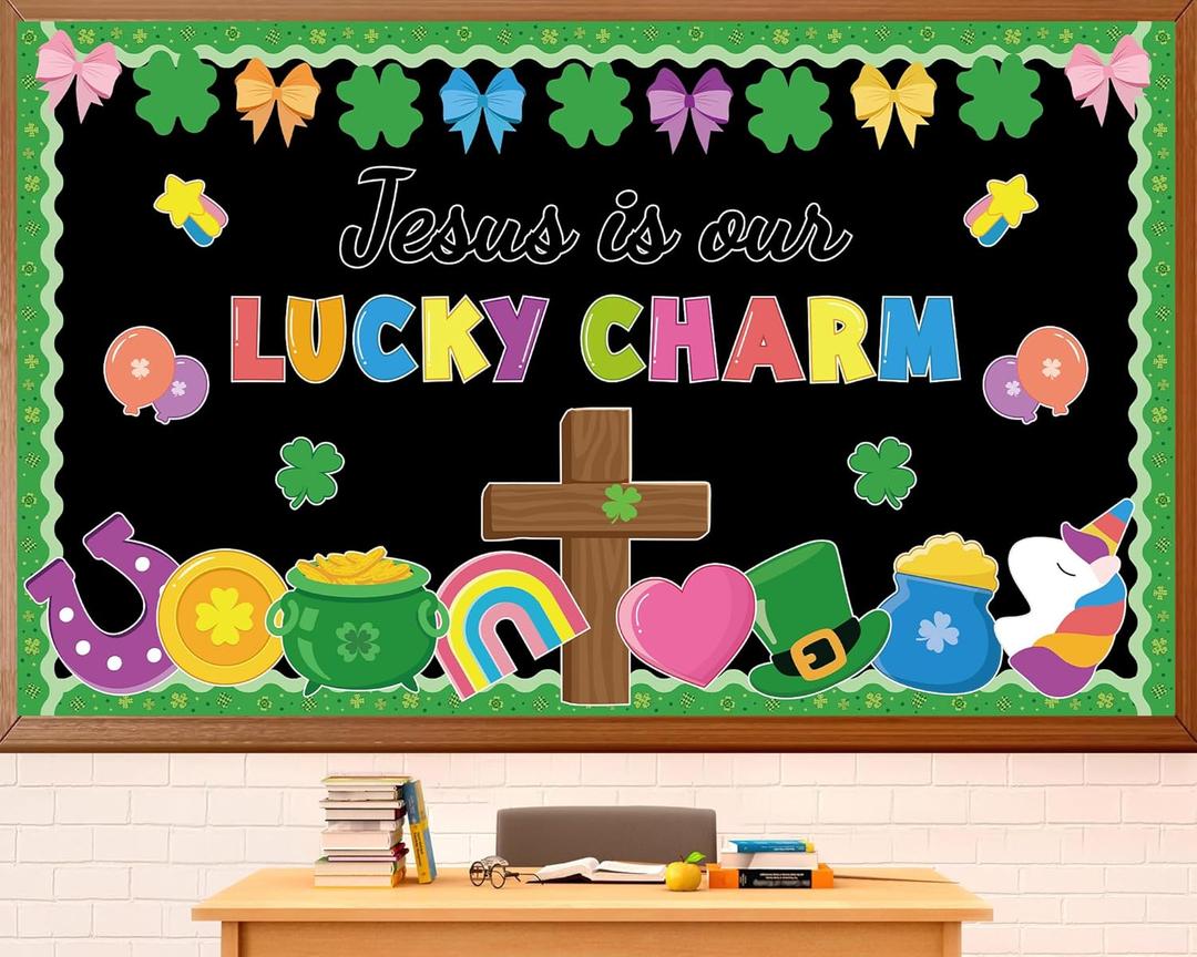 St. Patrick's Day Christian Bulletin Board Set Shamrock and God Cross Cutout St. Patrick's Day Faith Religious Classroom Decor Lucky Shamrock Sunday School Teacher Classroom Door Wall Irish Decor